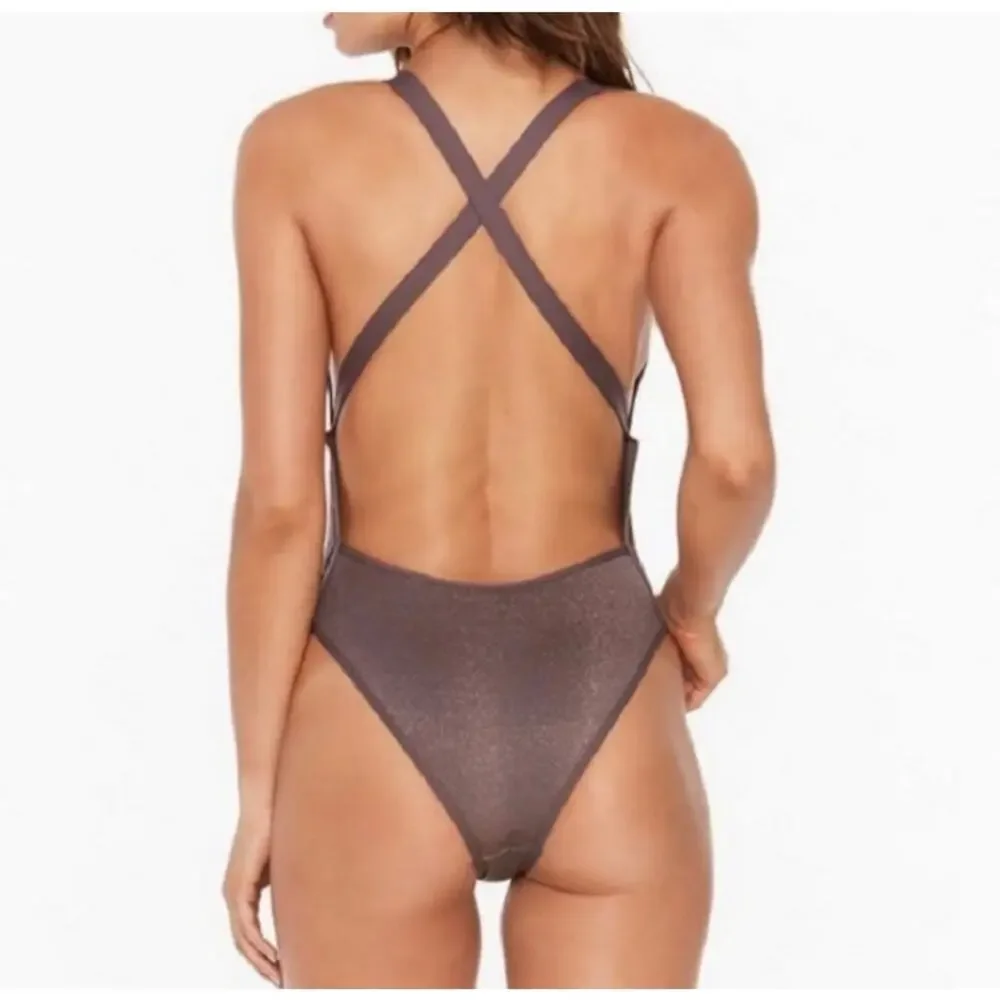 L*SPACE Purple Shimmer Criss Cross Low Back One Piece Swimsuit
